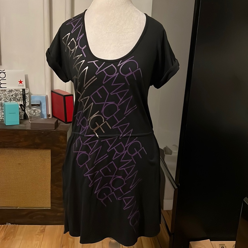 Armani exchange black shirt dress w/pockets and logo in purple &gold on front